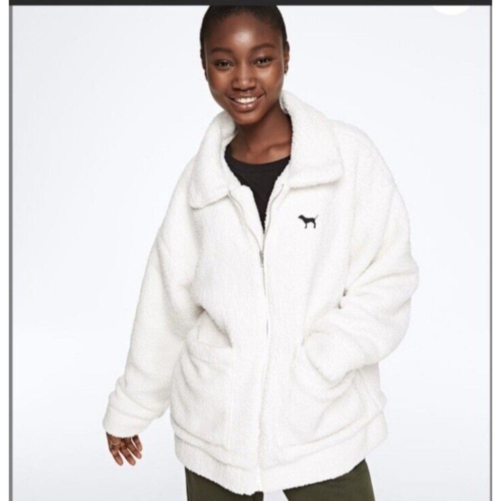 Victorias Secret Pink Womens Fuzzy Boyfriend Sherpa Full Zip Jacket Cream Size L